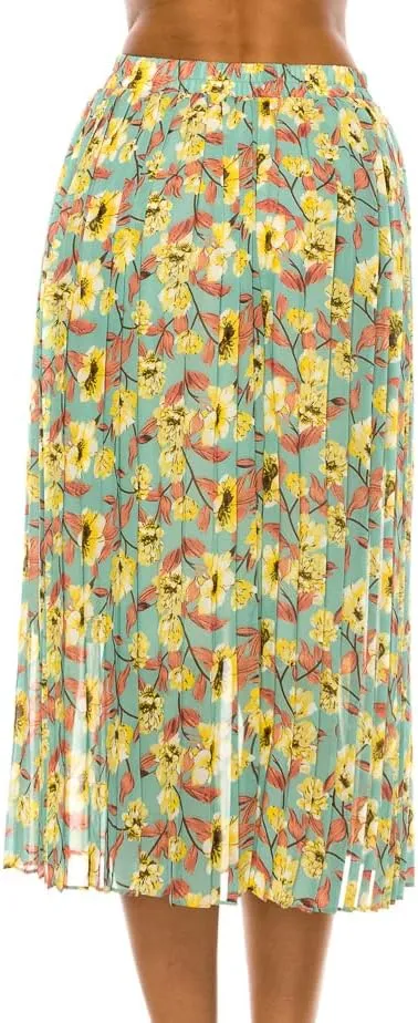 LA12ST Women Pleated A-Line High Waist Swing Flare Midi Skirt