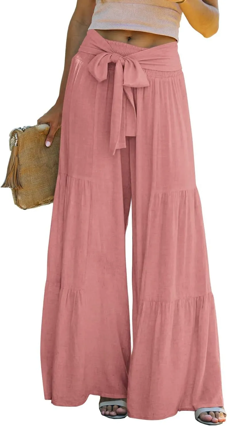 Lafural Women Summer High Waisted Cotton Linen Flare Palazzo Pants Beach Pant Long Bell Bottom Lounge Trousers