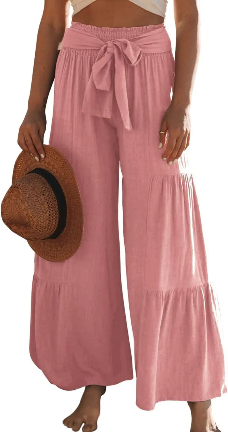 Lafural Women Summer High Waisted Cotton Linen Flare Palazzo Pants Beach Pant Long Bell Bottom Lounge Trousers