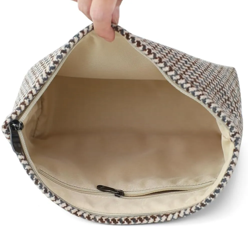 Large Capacity Plaid Tweed Makeup Bag - Travel Cosmetic Pouch & Toiletry Organizer with Zipper, Cloth Make Up Organizer for Daily Use, Gift for Women
