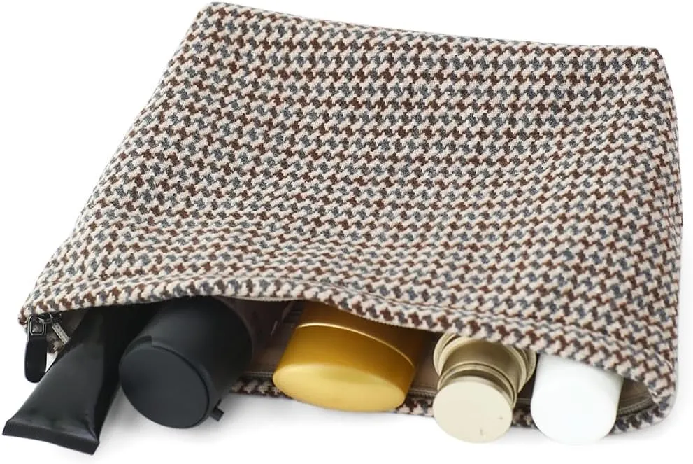 Large Capacity Plaid Tweed Makeup Bag - Travel Cosmetic Pouch & Toiletry Organizer with Zipper, Cloth Make Up Organizer for Daily Use, Gift for Women