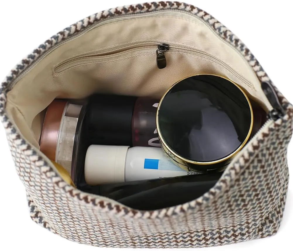 Large Capacity Plaid Tweed Makeup Bag - Travel Cosmetic Pouch & Toiletry Organizer with Zipper, Cloth Make Up Organizer for Daily Use, Gift for Women
