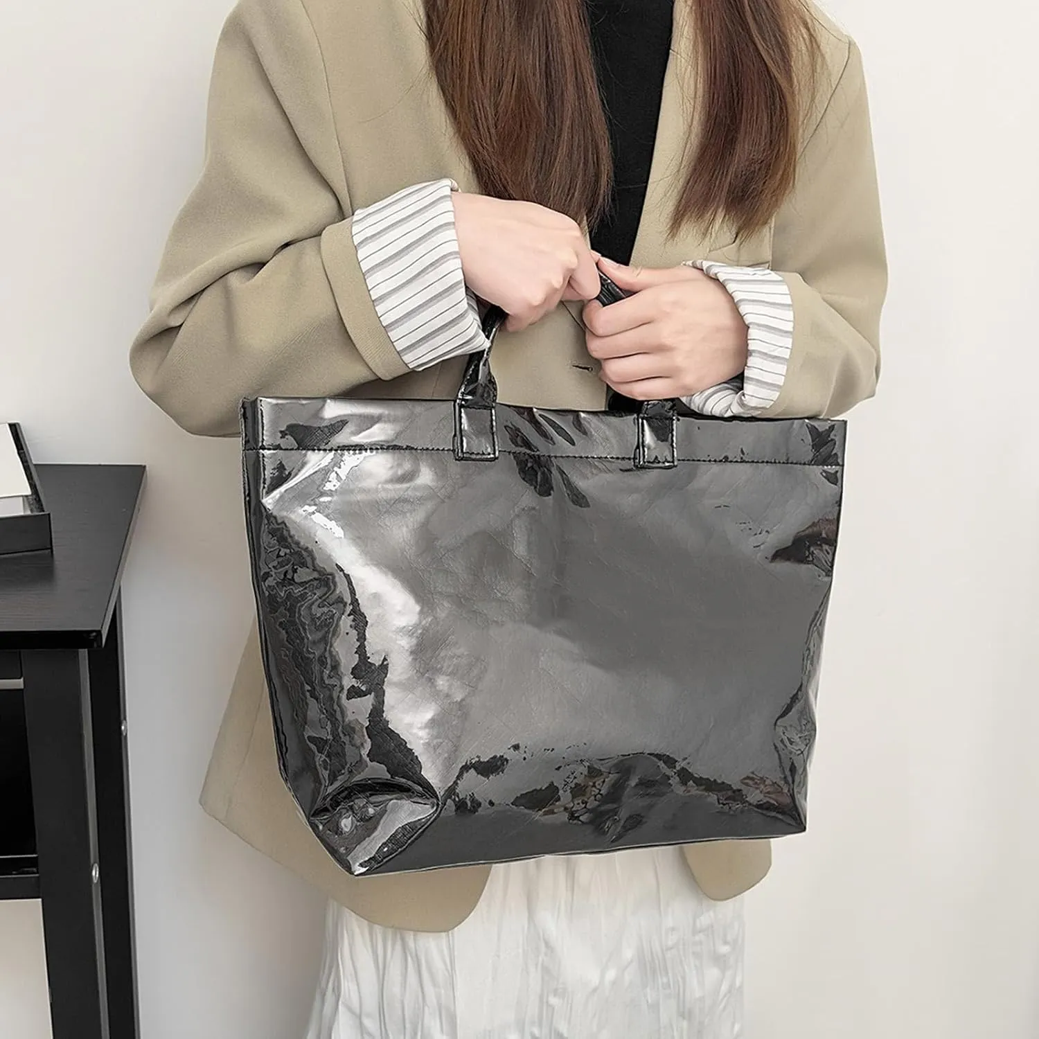Large Capacity PVC Top Handle Bag for Women with Stylish Letter Print Handbag Kraft Paper Bag for Office and Daily Use