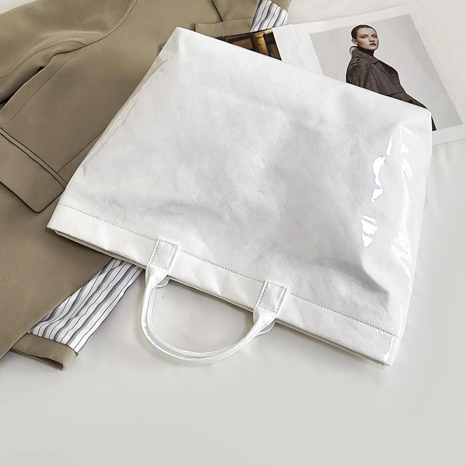 Large Capacity PVC Top Handle Bag for Women with Stylish Letter Print Handbag Kraft Paper Bag for Office and Daily Use
