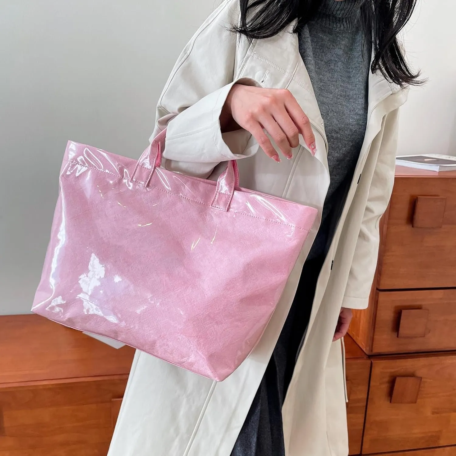 Large Capacity PVC Top Handle Bag for Women with Stylish Letter Print Handbag Kraft Paper Bag for Office and Daily Use