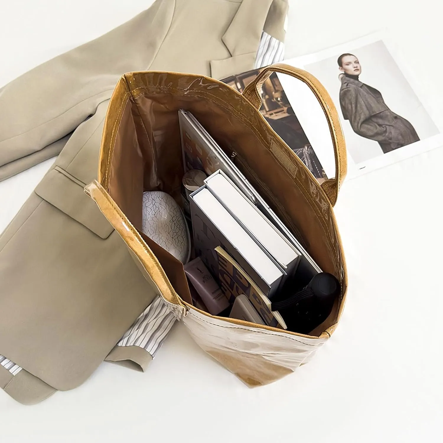 Large Capacity PVC Top Handle Bag for Women with Stylish Letter Print Handbag Kraft Paper Bag for Office and Daily Use