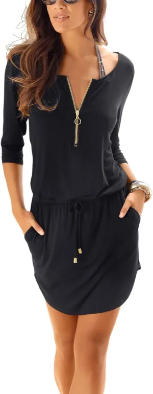 LASCANA Women's Zipper Detail Mini Dress - Elastic Waistband with Drawstring, Side Pockets, Summer Sundress