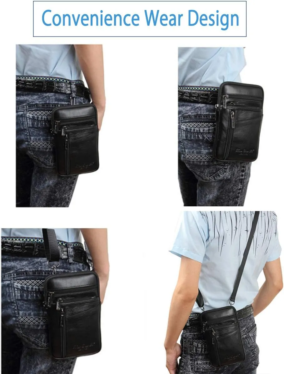 Leather Cellphone Belt Loop Case Waist Bag Mini Travel Messager Pouch Pack Purse Wallet Business Outdoor Activities or Daily Use for 6.0" S Size Style2-Black