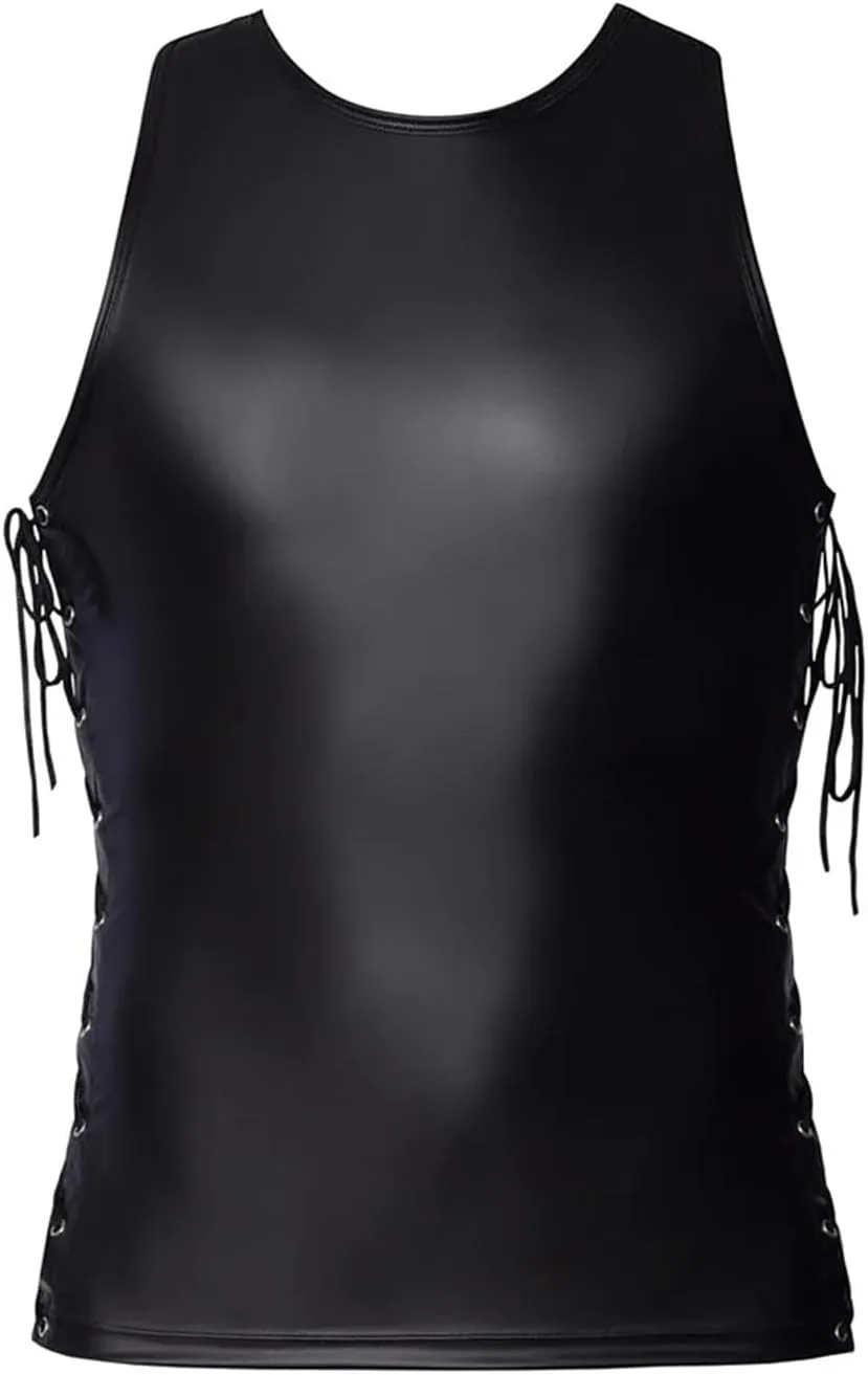 Leather Lingerie Sets for MenLace Up Sleeveless Tops and Low Waist Boxer Briefs 2 Pieces SetClubwear Nightclub