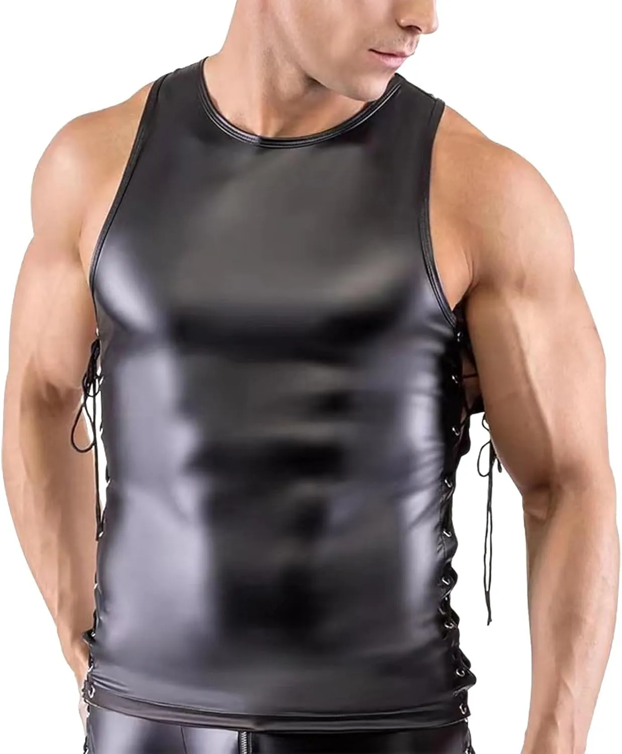 Leather Lingerie Sets for MenLace Up Sleeveless Tops and Low Waist Boxer Briefs 2 Pieces SetClubwear Nightclub