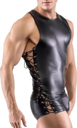 Leather Lingerie Sets for MenLace Up Sleeveless Tops and Low Waist Boxer Briefs 2 Pieces SetClubwear Nightclub