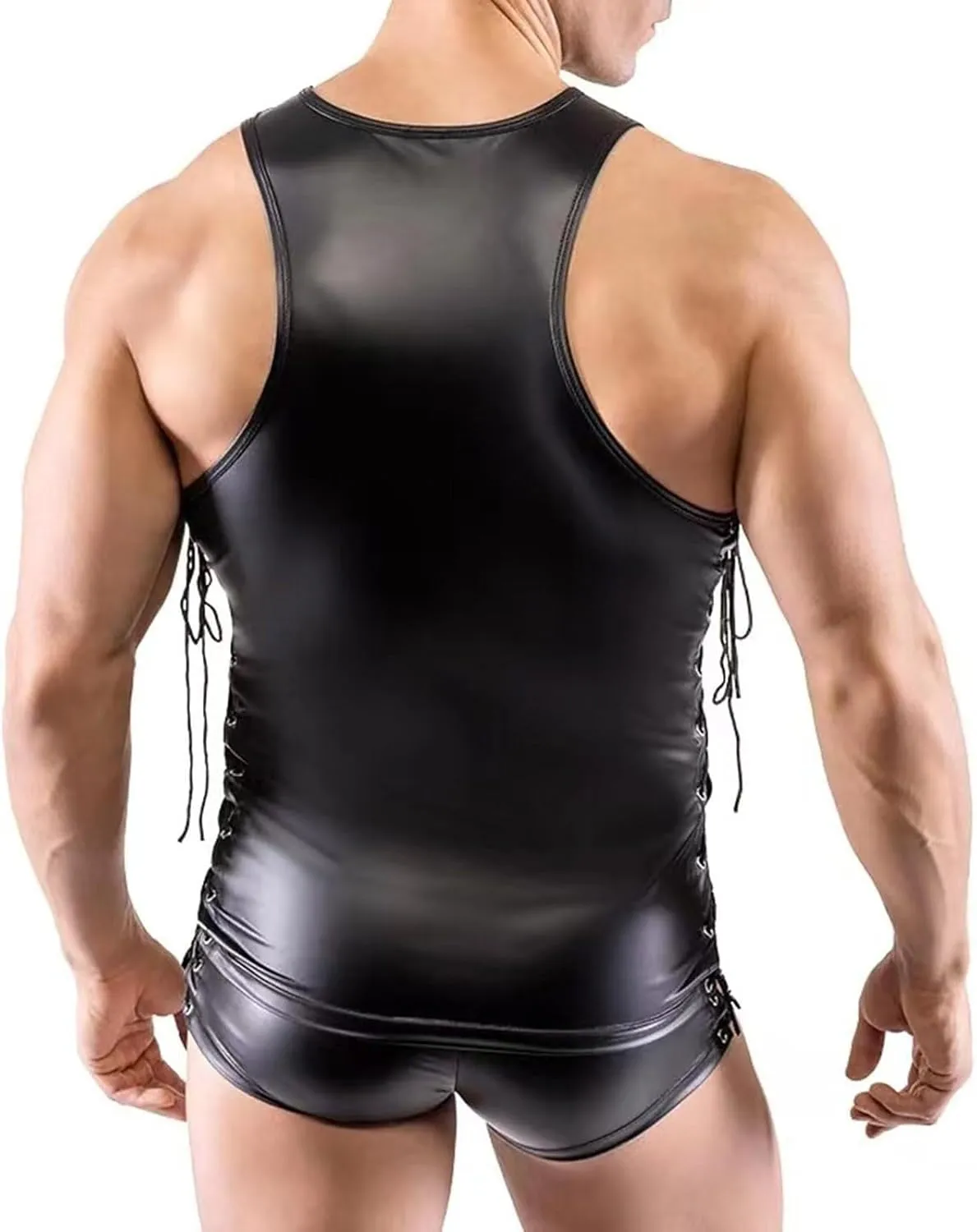 Leather Lingerie Sets for MenLace Up Sleeveless Tops and Low Waist Boxer Briefs 2 Pieces SetClubwear Nightclub