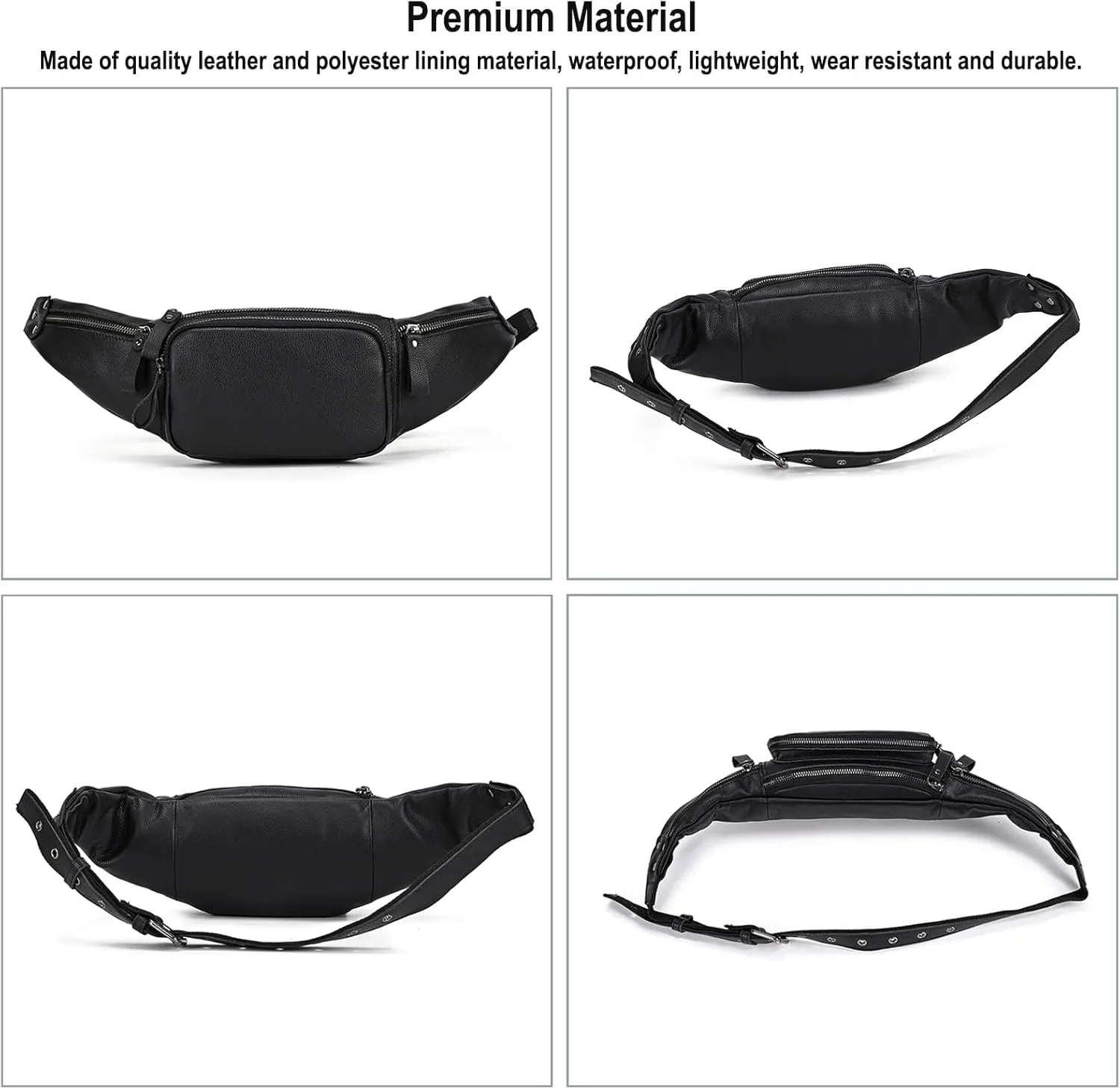 Leather Waist Bag for Men and Women, Outdoor Messenger Shoulder Satchel Crossbody Belt Bag with Multiple Pockets for Sport Climbing Hiking Running Travel and Daily Use (Black)