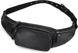 Leather Waist Bag for Men and Women, Outdoor Messenger Shoulder Satchel Crossbody Belt Bag with Multiple Pockets for Sport Climbing Hiking Running Travel and Daily Use (Black)