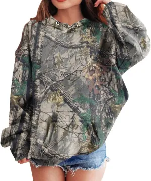 Light Camo Hoodies for Teen Girls Cute Sweatshirt Maple Leaf Print Oversized Fleece Sweatshirts Pullover Tops with Pocket