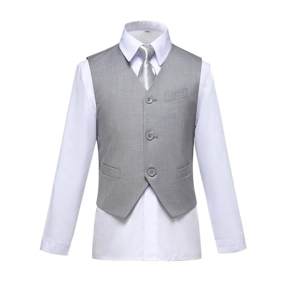 Light Grey Classic 4 Piece Boy's Formal Suits With Vest Pants Shirt Tie