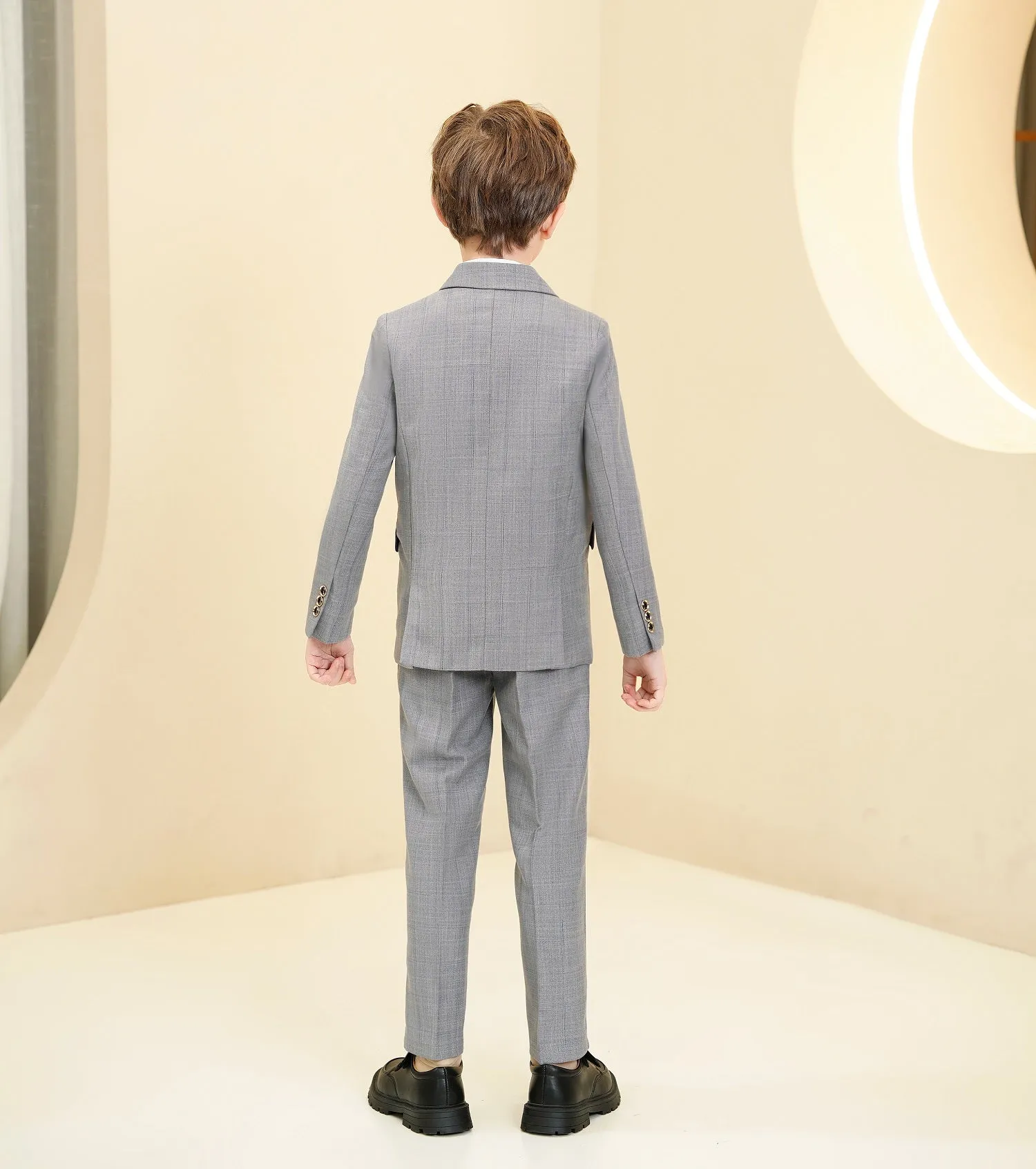 Light Grey Plaid Elegant Formal 5 Piece Boys Suits