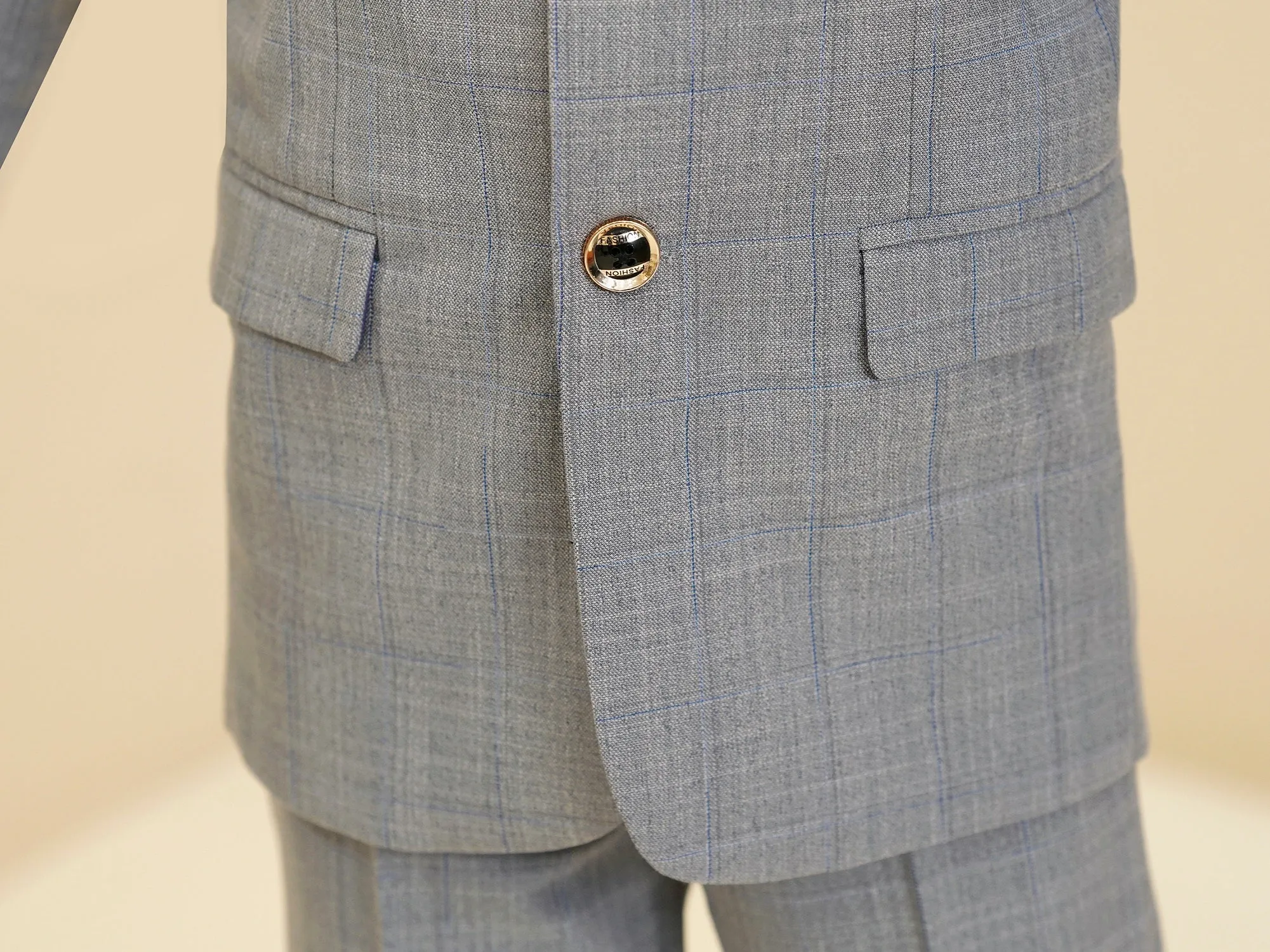 Light Grey Plaid Elegant Formal 5 Piece Boys Suits