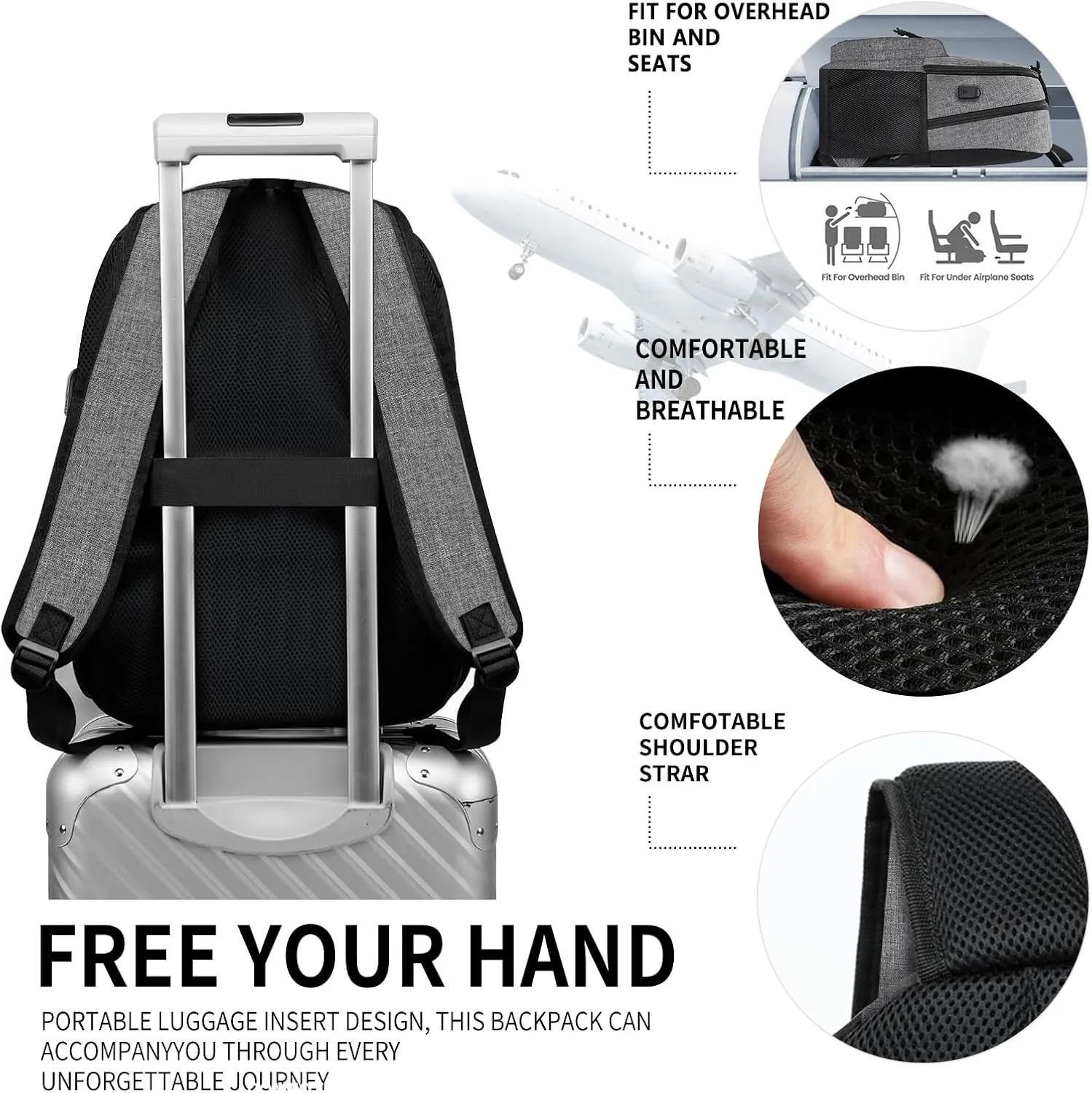 Lightweight Casual 15.6 inch Laptop Backpack with USB Charging Port for Men Women, Daily Use Grey backpack, College Backpack, simple bookbag, Work Travel Business back pack