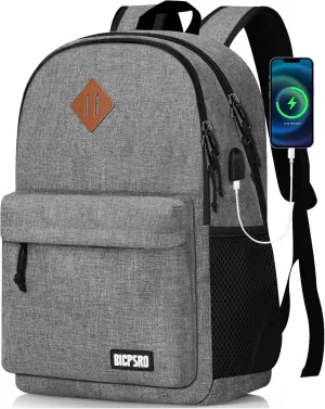 Lightweight Casual 15.6 inch Laptop Backpack with USB Charging Port for Men Women, Daily Use Grey backpack, College Backpack, simple bookbag, Work Travel Business back pack