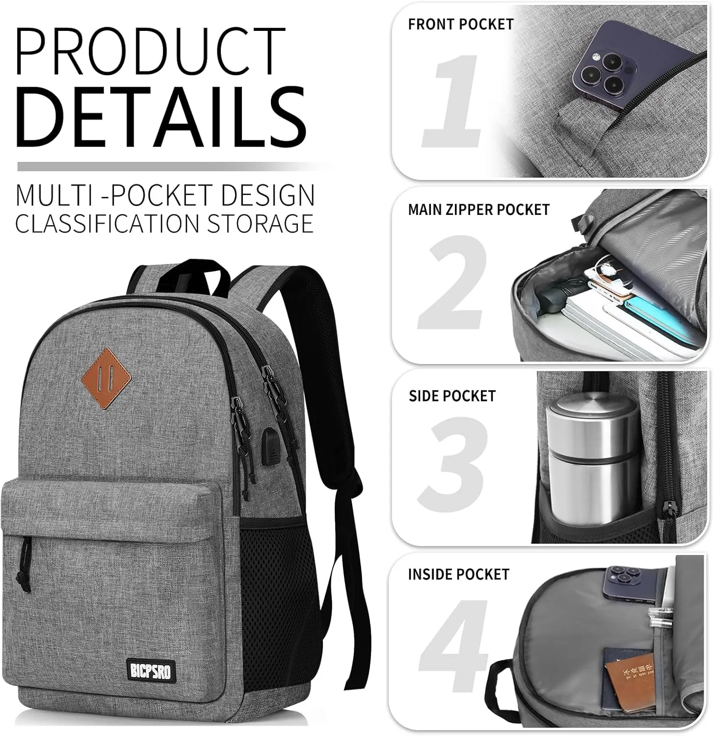 Lightweight Casual 15.6 inch Laptop Backpack with USB Charging Port for Men Women, Daily Use Grey backpack, College Backpack, simple bookbag, Work Travel Business back pack