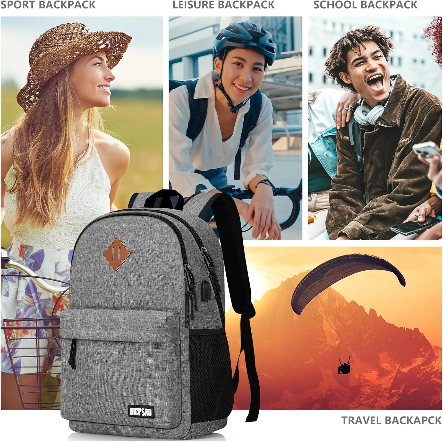 Lightweight Casual 15.6 inch Laptop Backpack with USB Charging Port for Men Women, Daily Use Grey backpack, College Backpack, simple bookbag, Work Travel Business back pack