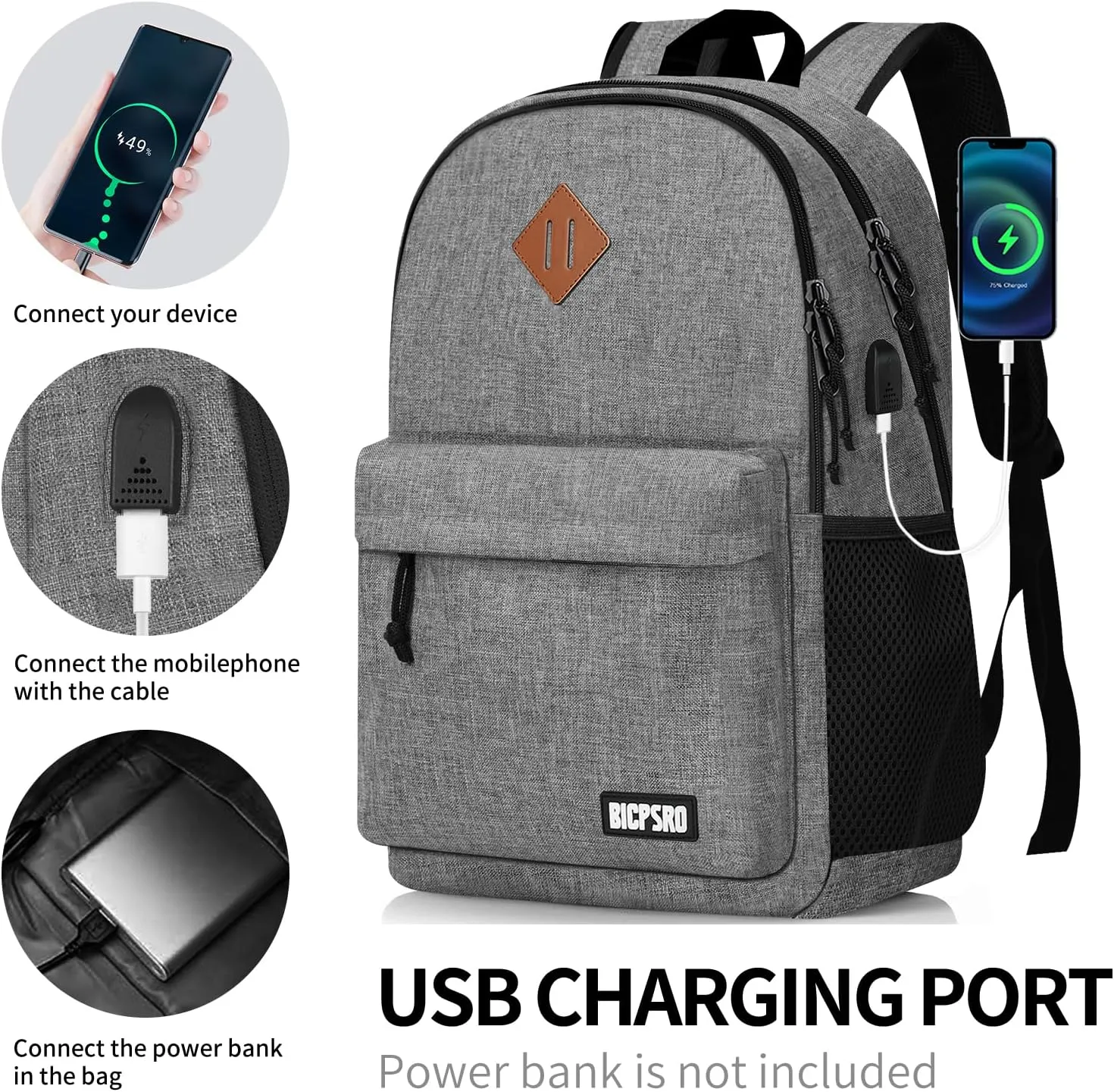 Lightweight Casual 15.6 inch Laptop Backpack with USB Charging Port for Men Women, Daily Use Grey backpack, College Backpack, simple bookbag, Work Travel Business back pack
