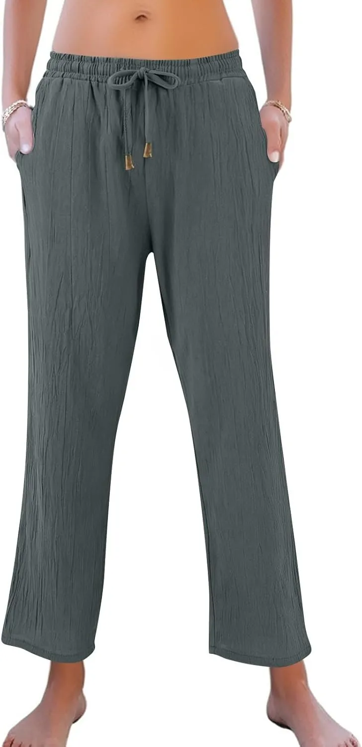 Linen Pants Women Wide Leg Loose High Waisted Summer Casual Palazzo Pants Trendy Flowy Straight Leg Beach Capri Pant