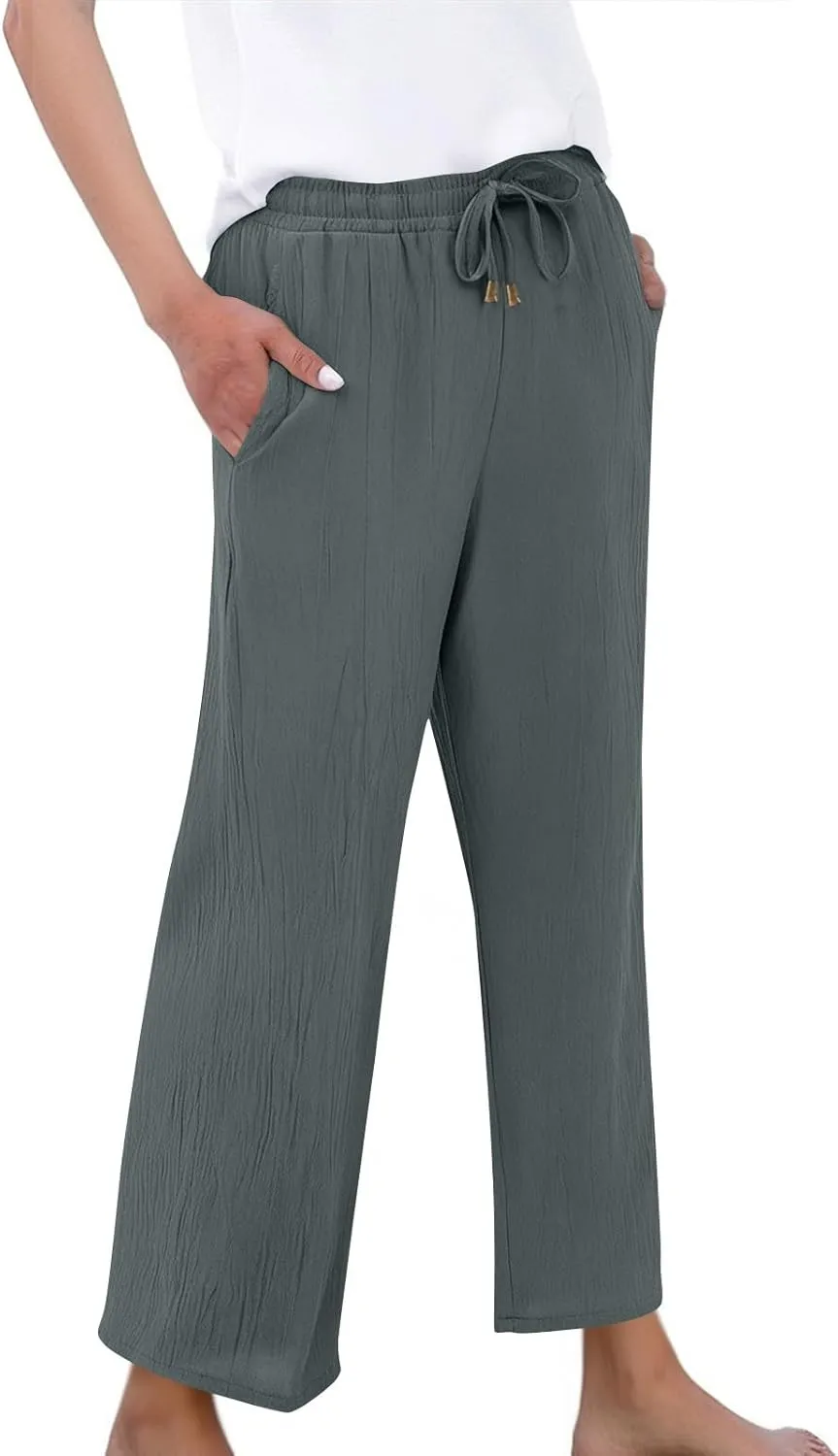 Linen Pants Women Wide Leg Loose High Waisted Summer Casual Palazzo Pants Trendy Flowy Straight Leg Beach Capri Pant