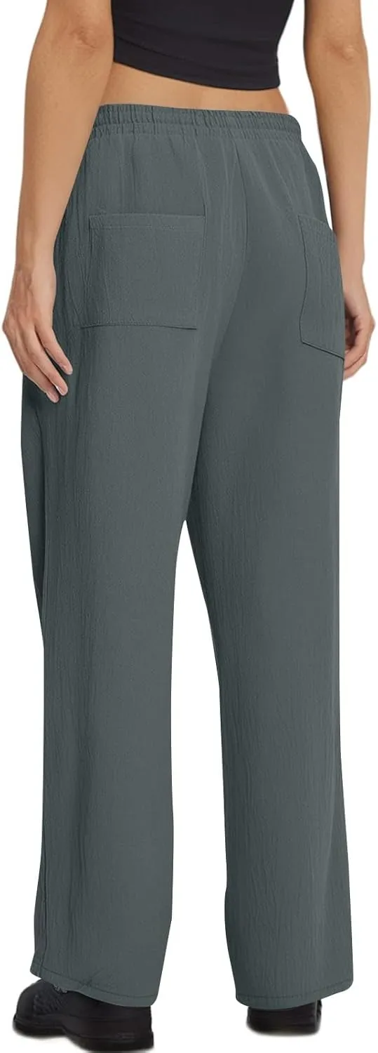 Linen Pants Women Wide Leg Loose High Waisted Summer Casual Palazzo Pants Trendy Flowy Straight Leg Beach Capri Pant