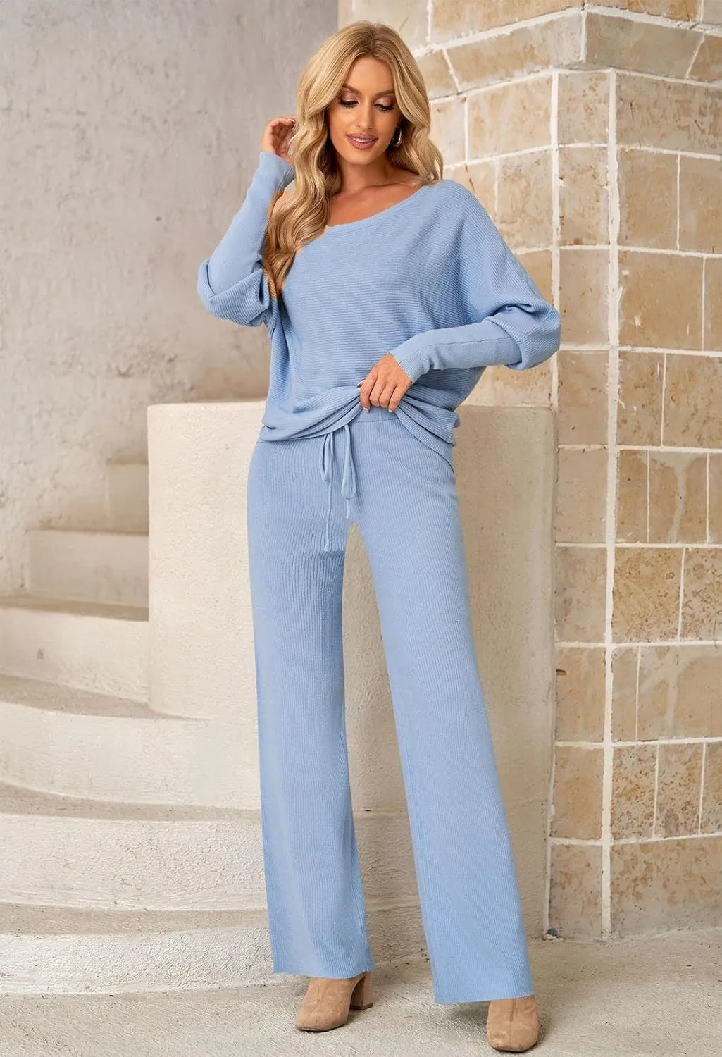 Linsery Womens 2 Piece Outfits One Shoulder Knit Sweater Pullovers Wide Leg Pants Sets Sweatsuit Tracksuit
