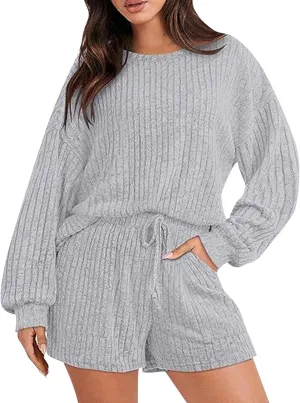 Loose Casual Set for Women Waffle Knit Lounge Sets Long Sleeve Top and Shorts Matching Loungewear S-XXL