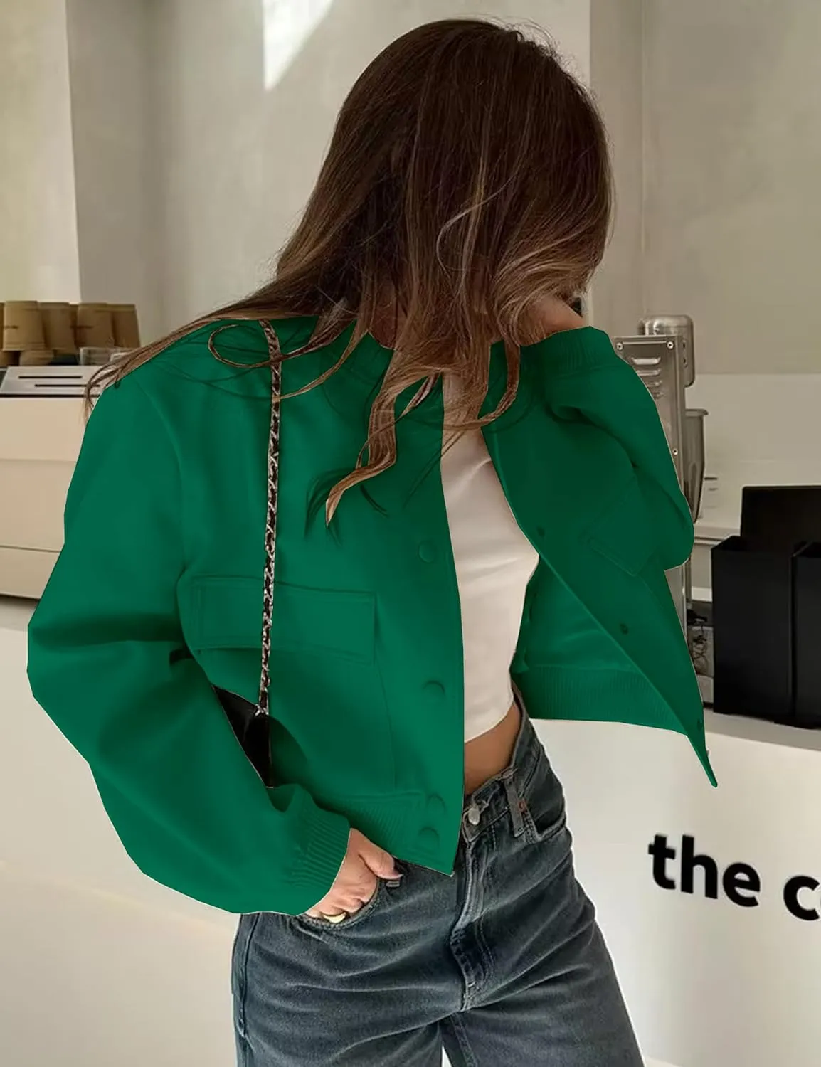 Lumister Women's Fashion Cropped Button Down Lightweight Cropped Bomber Jacket Varsity Shacket with Side Pockets