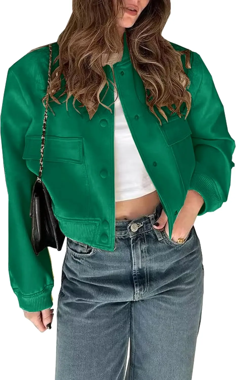 Lumister Women's Fashion Cropped Button Down Lightweight Cropped Bomber Jacket Varsity Shacket with Side Pockets
