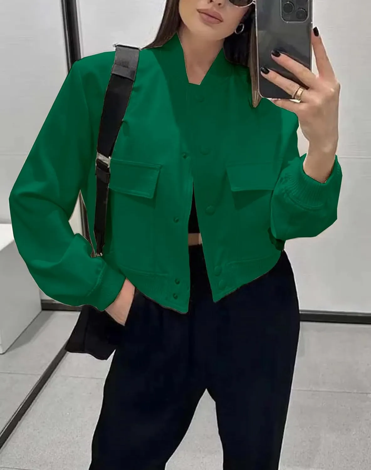 Lumister Women's Fashion Cropped Button Down Lightweight Cropped Bomber Jacket Varsity Shacket with Side Pockets