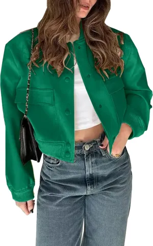 Lumister Women's Fashion Cropped Button Down Lightweight Cropped Bomber Jacket Varsity Shacket with Side Pockets