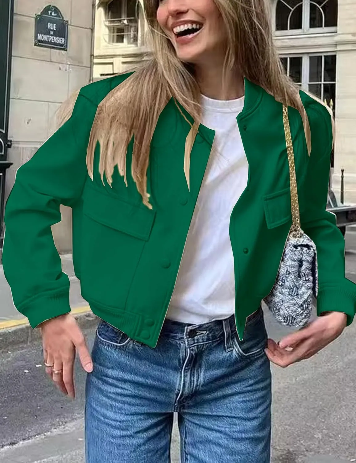Lumister Women's Fashion Cropped Button Down Lightweight Cropped Bomber Jacket Varsity Shacket with Side Pockets