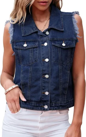 luvamia Denim Vest for Women Button Down Distressed Frayed Vests Top Western Casual Sleeveless Jean Jacket with Pockets