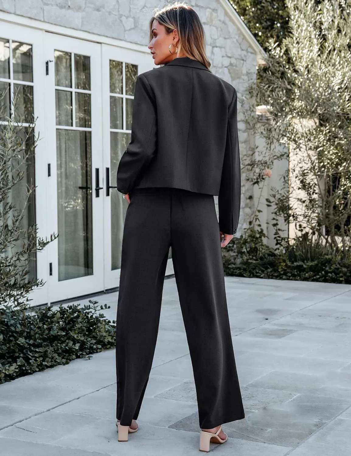 luvamia Suits for Women 2 Piece Sets Business Casual Outfits Dressy Cropped Blazer Wide Leg Pants Suit Office Work