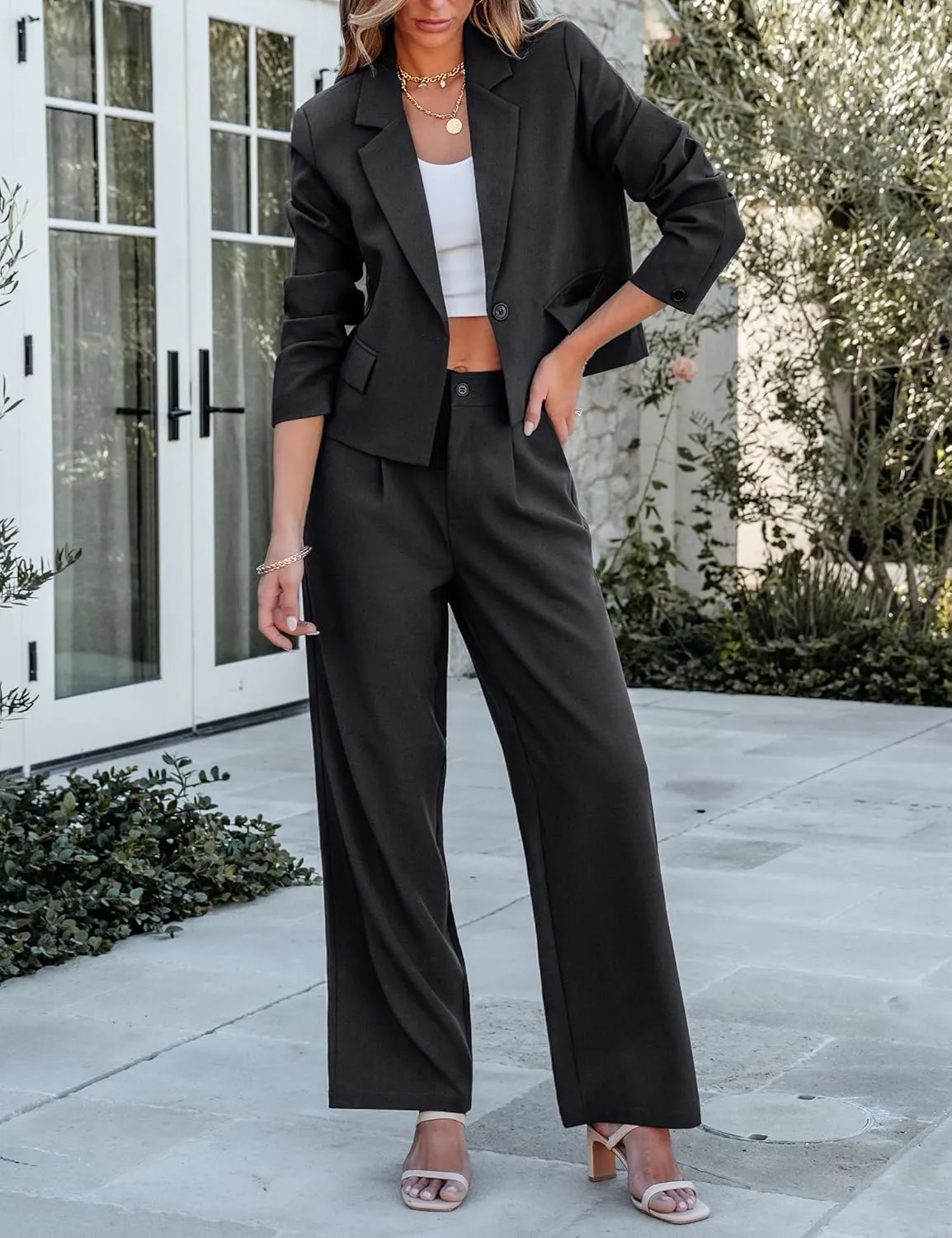luvamia Suits for Women 2 Piece Sets Business Casual Outfits Dressy Cropped Blazer Wide Leg Pants Suit Office Work