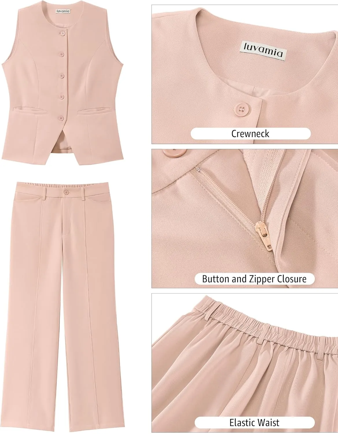 luvamia Vest Pants Suits for Women Dressy 2 Piece Business Casual Outfits Sleeveless Blazer Wide Leg Pants Pantsuit Sets