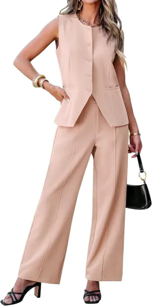 luvamia Vest Pants Suits for Women Dressy 2 Piece Business Casual Outfits Sleeveless Blazer Wide Leg Pants Pantsuit Sets