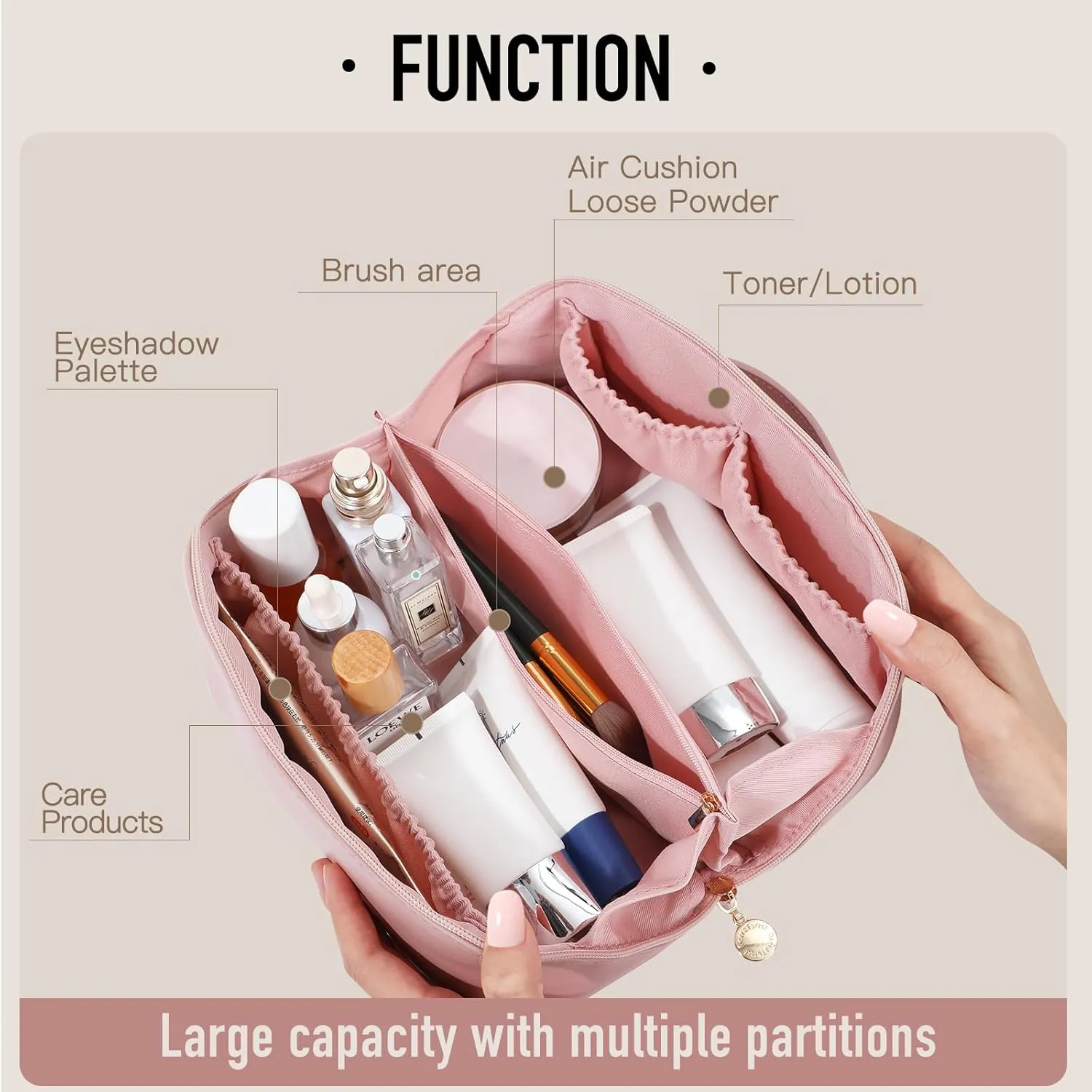 Makeup Bag Travel Makeup Bag Toiletry Bag Open Flat Cosmetic Bag Large Capacity Waterproof Portable Makeup Bag Organizer for Travel Gifts and Daily Use Pink