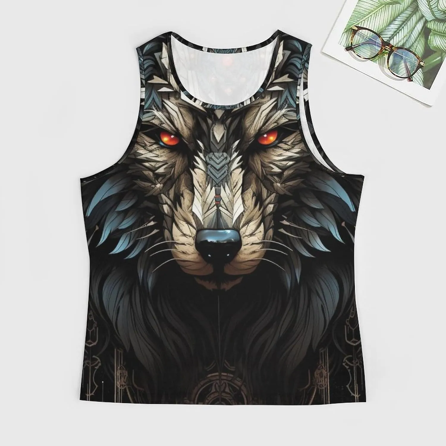 MARSVOVO Mens Tank Top Wolf Muscle Summer Casual Western Ethnic Totem Print Tank for Men Summer Beach Quick Dry Gym Vest