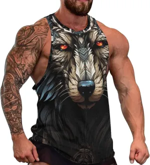 MARSVOVO Mens Tank Top Wolf Muscle Summer Casual Western Ethnic Totem Print Tank for Men Summer Beach Quick Dry Gym Vest