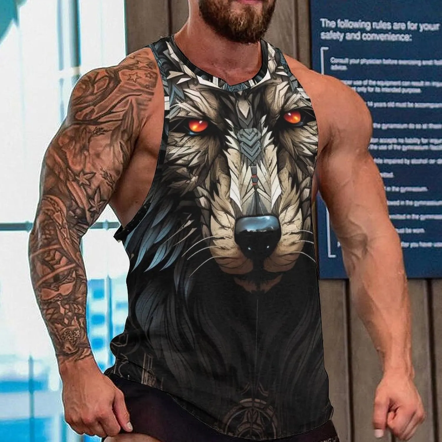 MARSVOVO Mens Tank Top Wolf Muscle Summer Casual Western Ethnic Totem Print Tank for Men Summer Beach Quick Dry Gym Vest