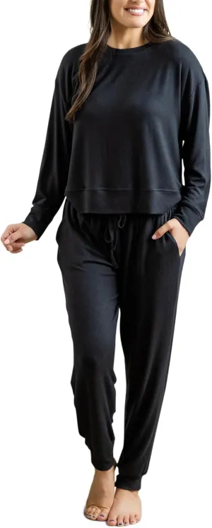 Mary Square Women's Casual Loungewear Outfit, Sophie Style Pullover and Pant Set, LuxSoft Fabric Black, Small