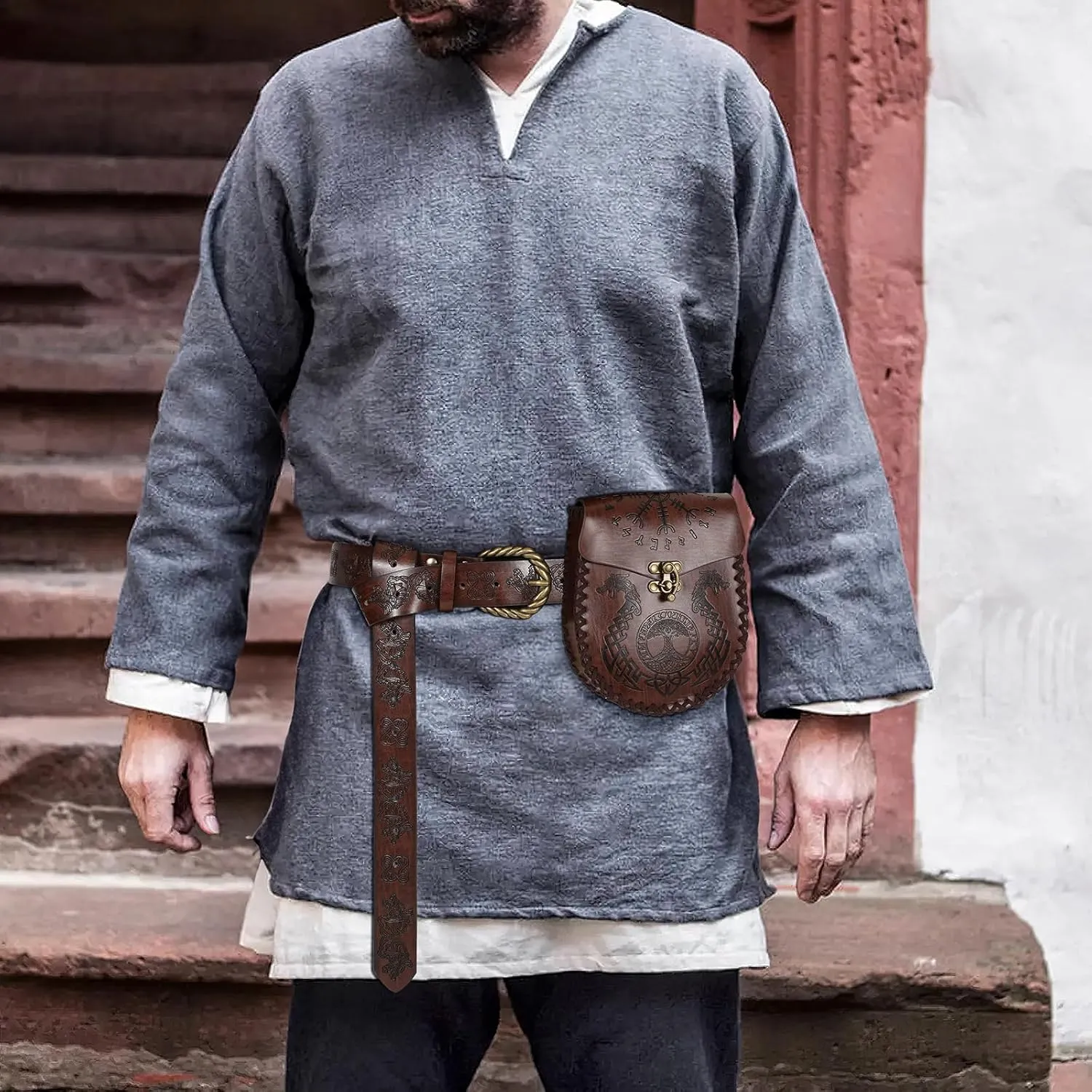 Medieval Embossed Faux Leather Belt with Bag - Vintage Cosplay Belt Pouch