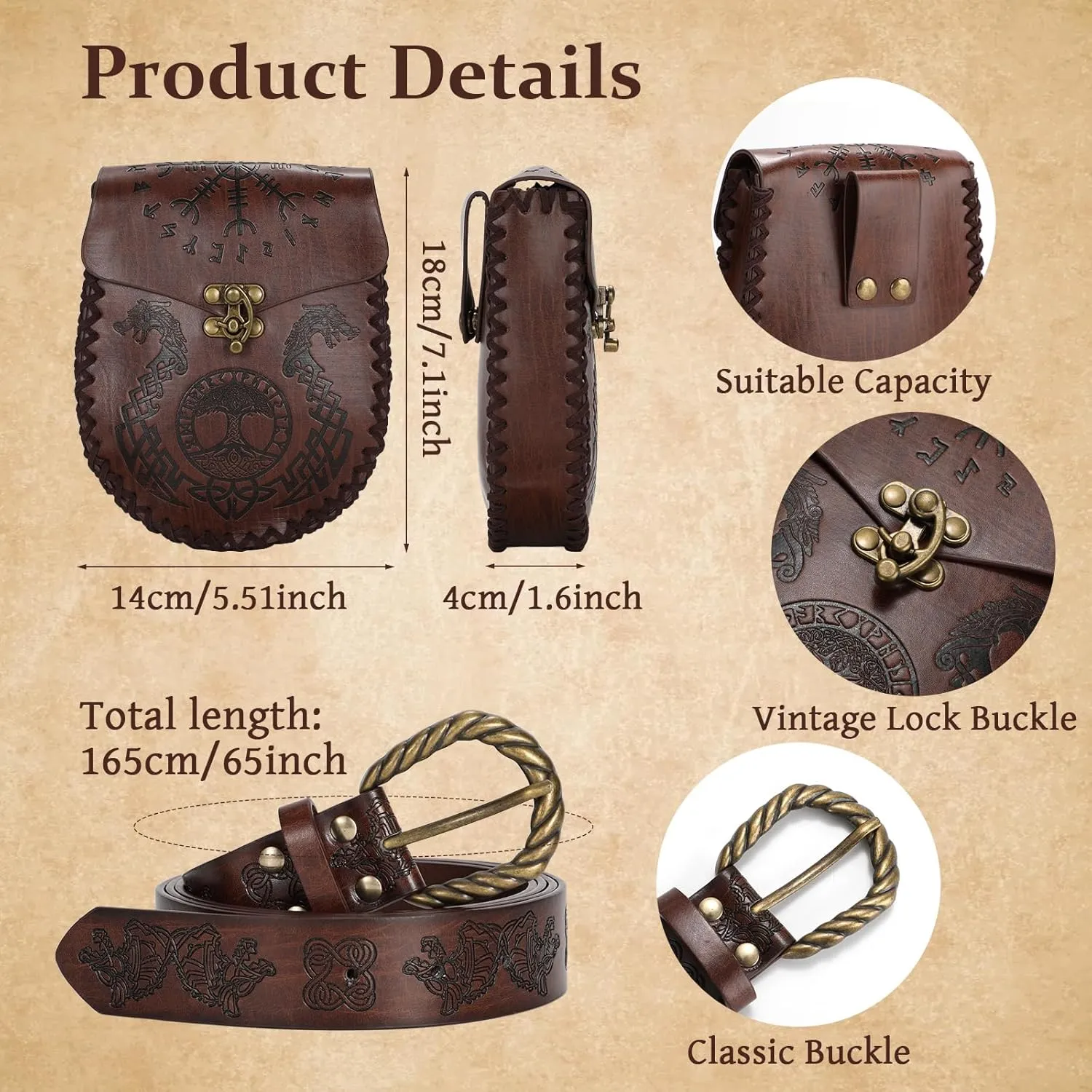 Medieval Embossed Faux Leather Belt with Bag - Vintage Cosplay Belt Pouch