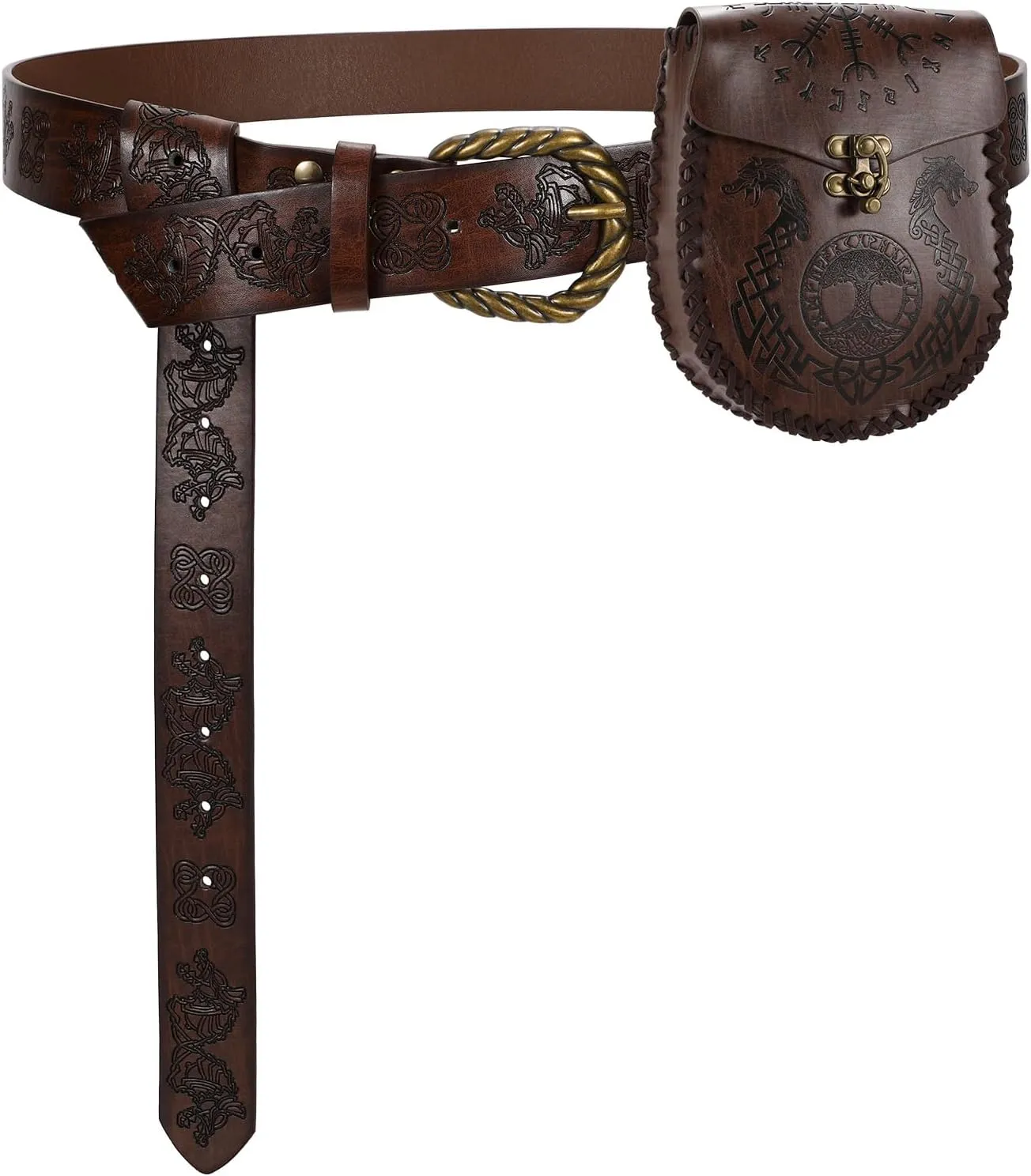 Medieval Embossed Faux Leather Belt with Bag - Vintage Cosplay Belt Pouch